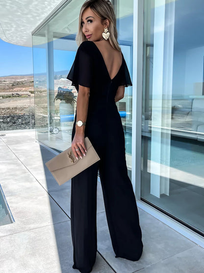V neck Casual Short Sleeve Dress Loose Vacation Wide Leg Trouser