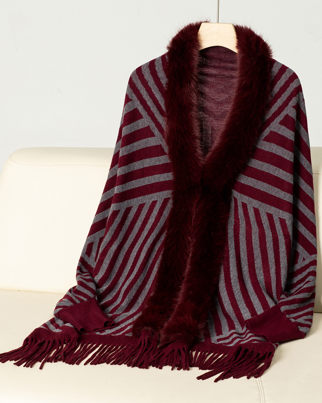 Striped Tassel Knitted Shawl Cape Burgundy F 