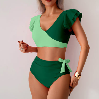 Bikini Split Swimsuit Women High Waist Swimming Trunks Bikini Swimsuit S Green Stitching