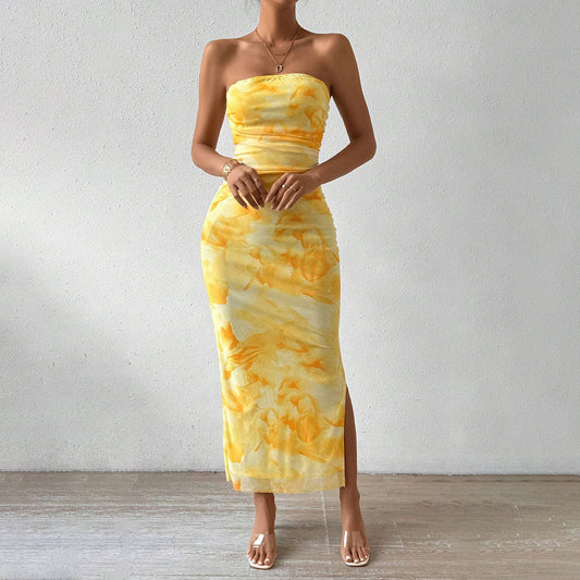 Printed Dress SpringHigh Waist Slit Tube Top Dress