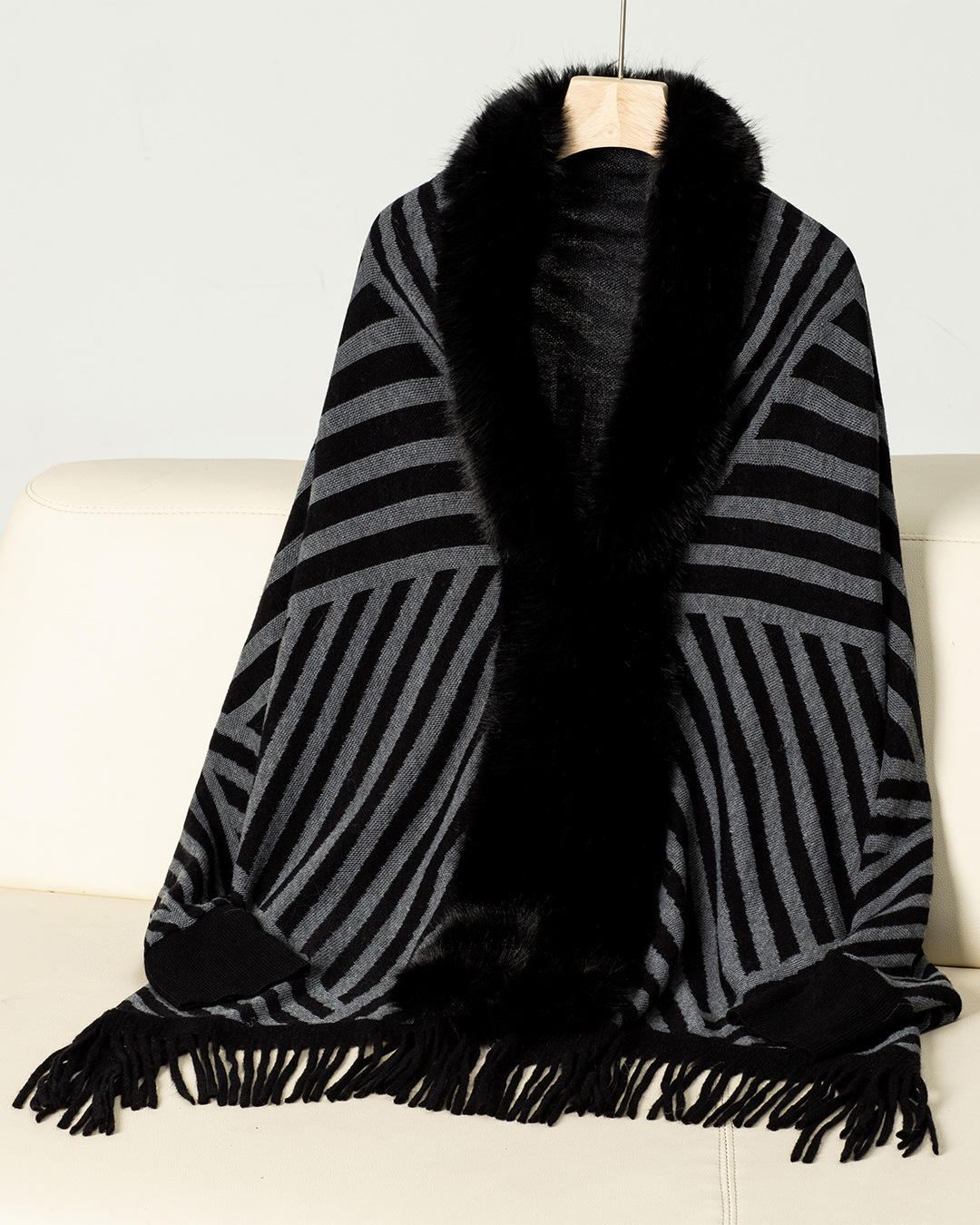 Striped Tassel Knitted Shawl Cape Black F 