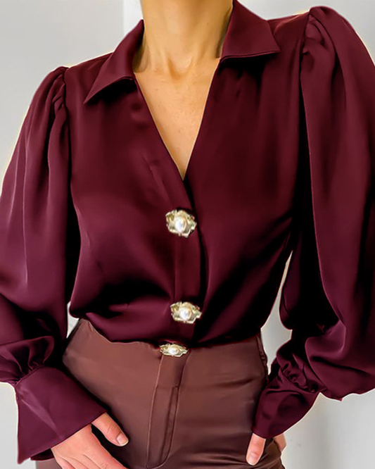 Lantern Sleeve Satin Shirt S Burgundy 