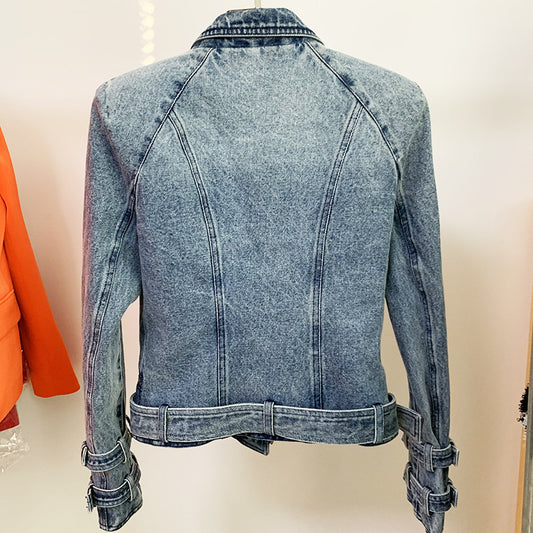 Denim Oblique Zipper Moto Jacket