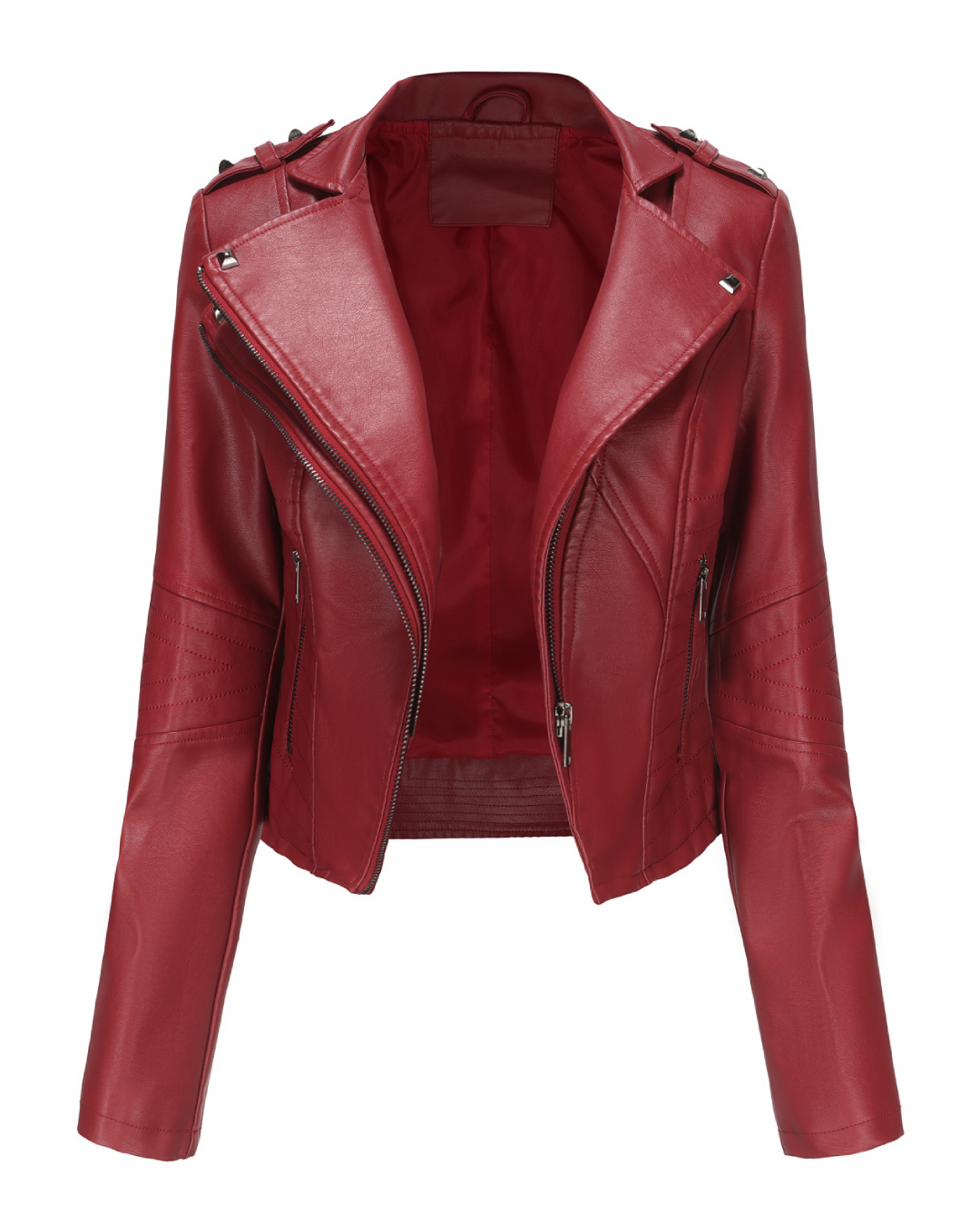 Slim Fit Long Sleeved Leather Jacket Burgundy S 