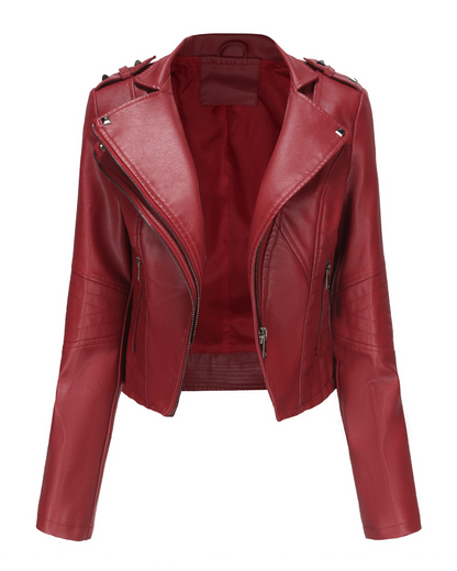 Slim Fit Long Sleeved Leather Jacket Burgundy S 