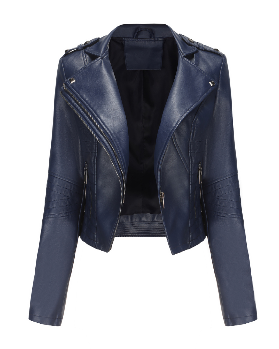 Slim Fit Long Sleeved Leather Jacket Navy Blue S 