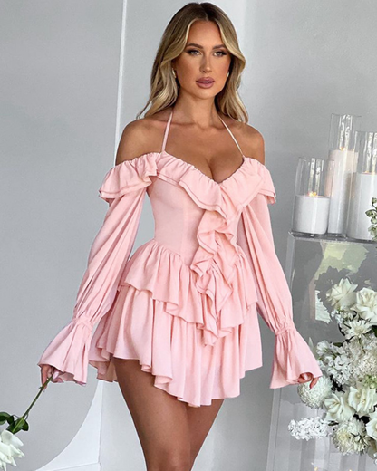 Halter Low Cut Ruffled Romper S Pink 
