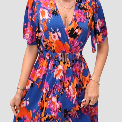 Chest Buckle High Waist Slim Pleated Printing Slip Dress Women