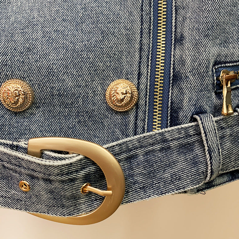 Denim Oblique Zipper Moto Jacket