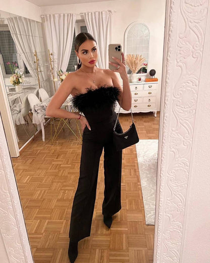 Deep V Plunge Feather Jumpsuit S Black 