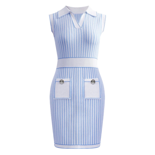 Sleeveless Knit Striped Collared pocket short Dress