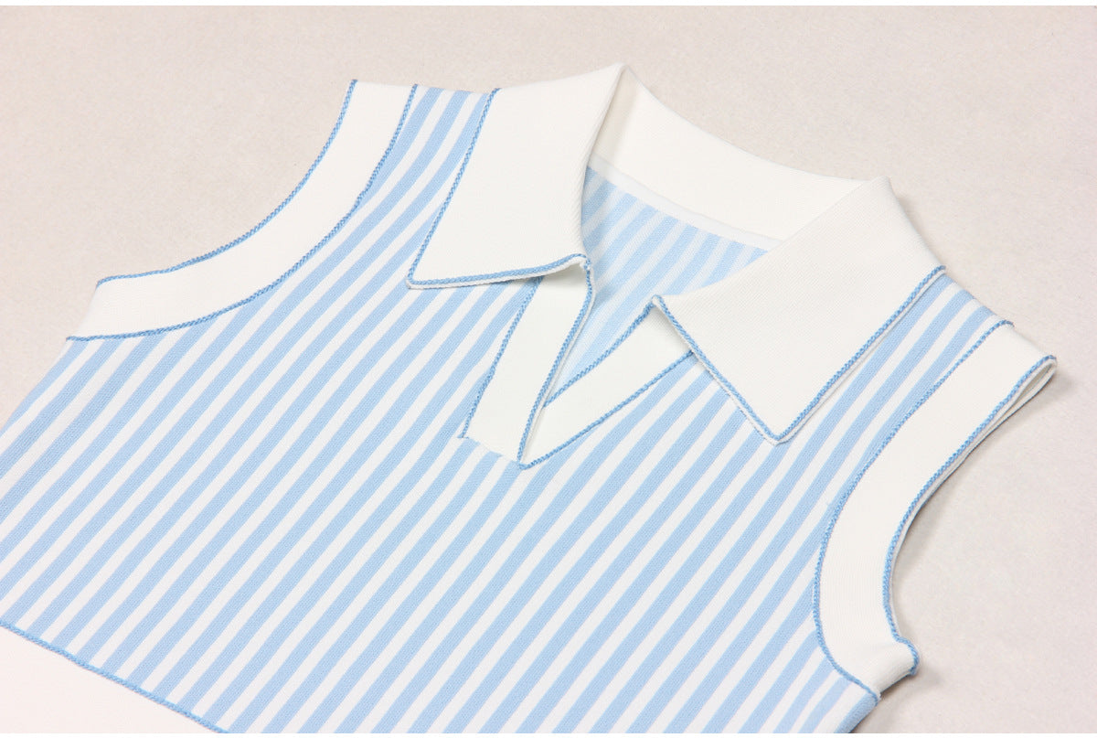 Sleeveless Knit Striped Collared pocket short Dress