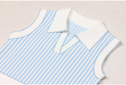 Sleeveless Knit Striped Collared pocket short Dress