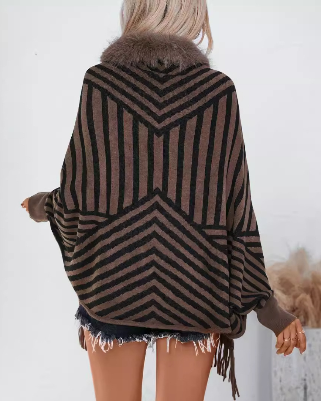 Striped Tassel Knitted Shawl Cape   