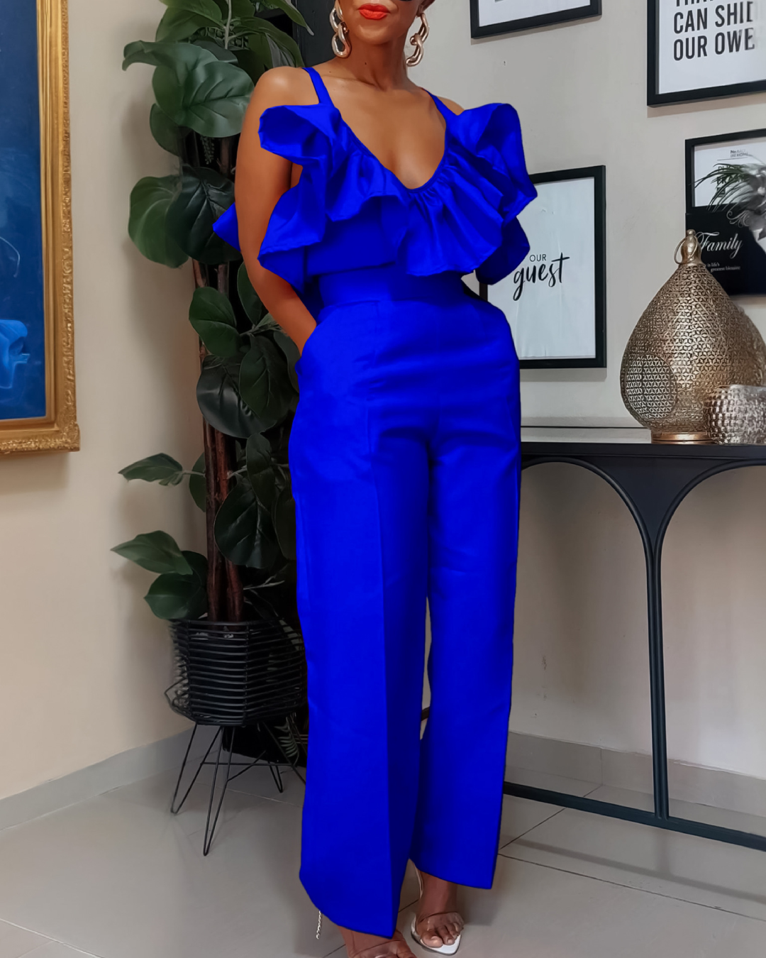 Flounce Sling High Waist Trousers S Blue 