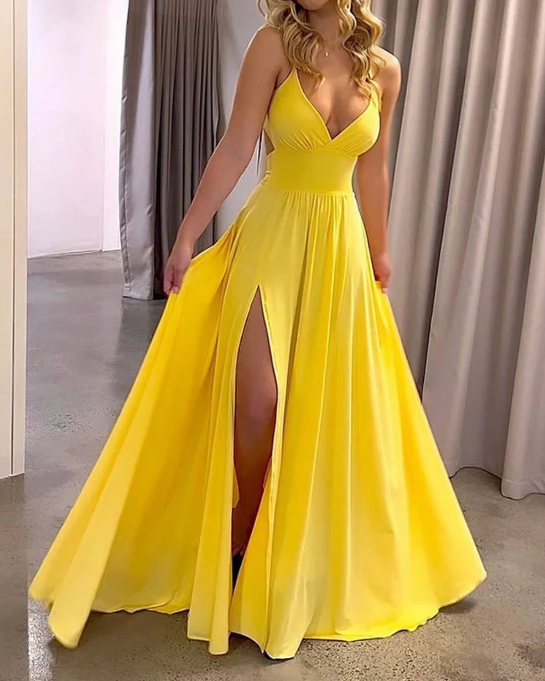 Brace Exposed Back Lace Up Slit S Yellow 