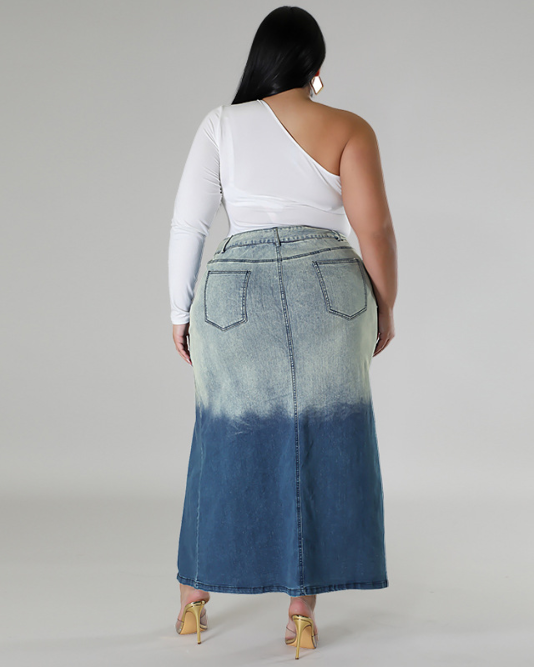 Plus Size Denim Woven Gradient Split Skirt   