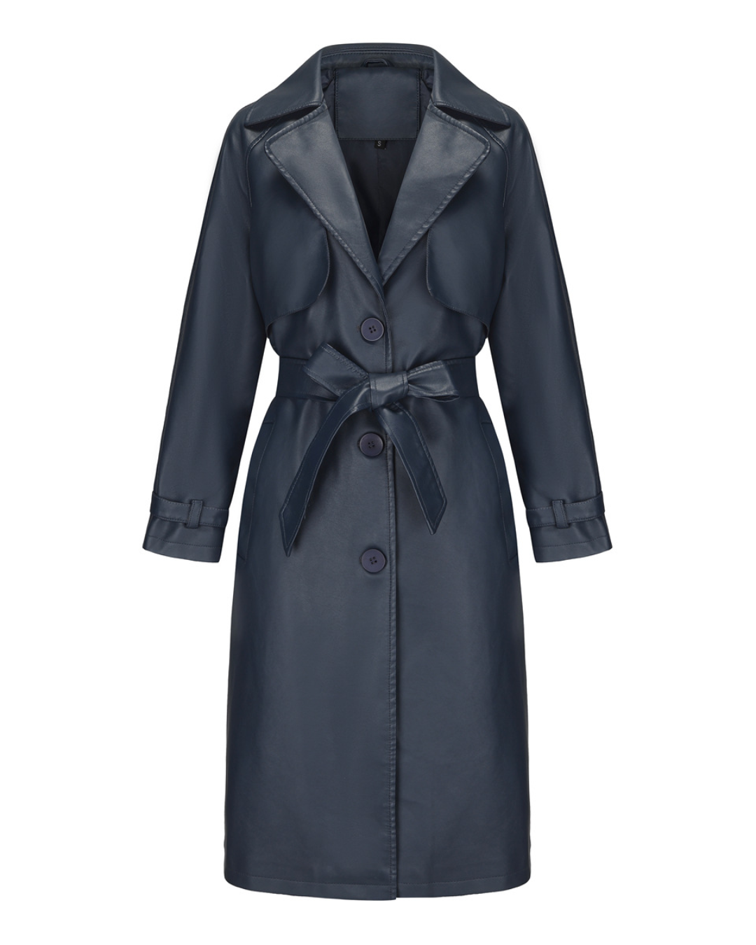 Faux Leather Long Trench Coat Navy Blue S 