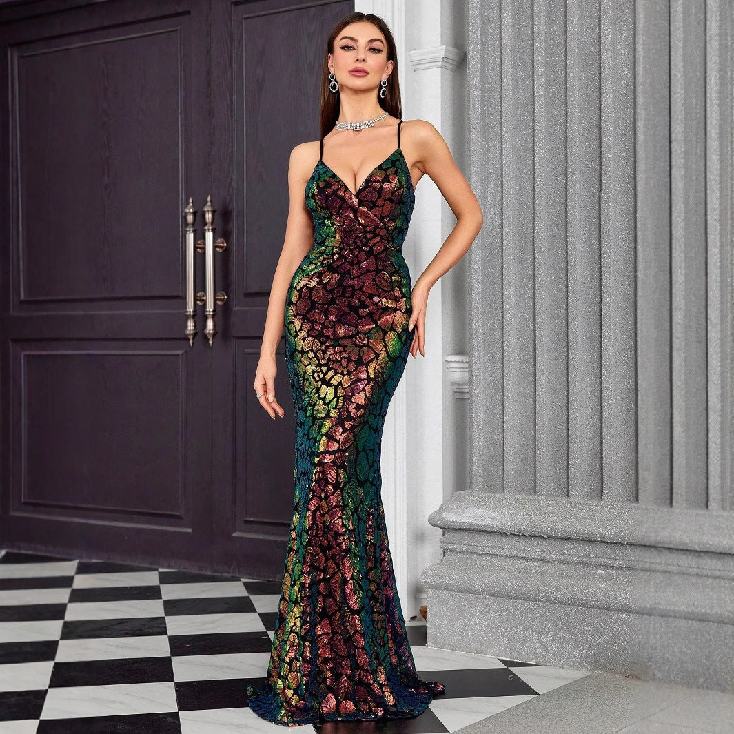 V neck Brace Evening Dress Fishtail Elegant Dress