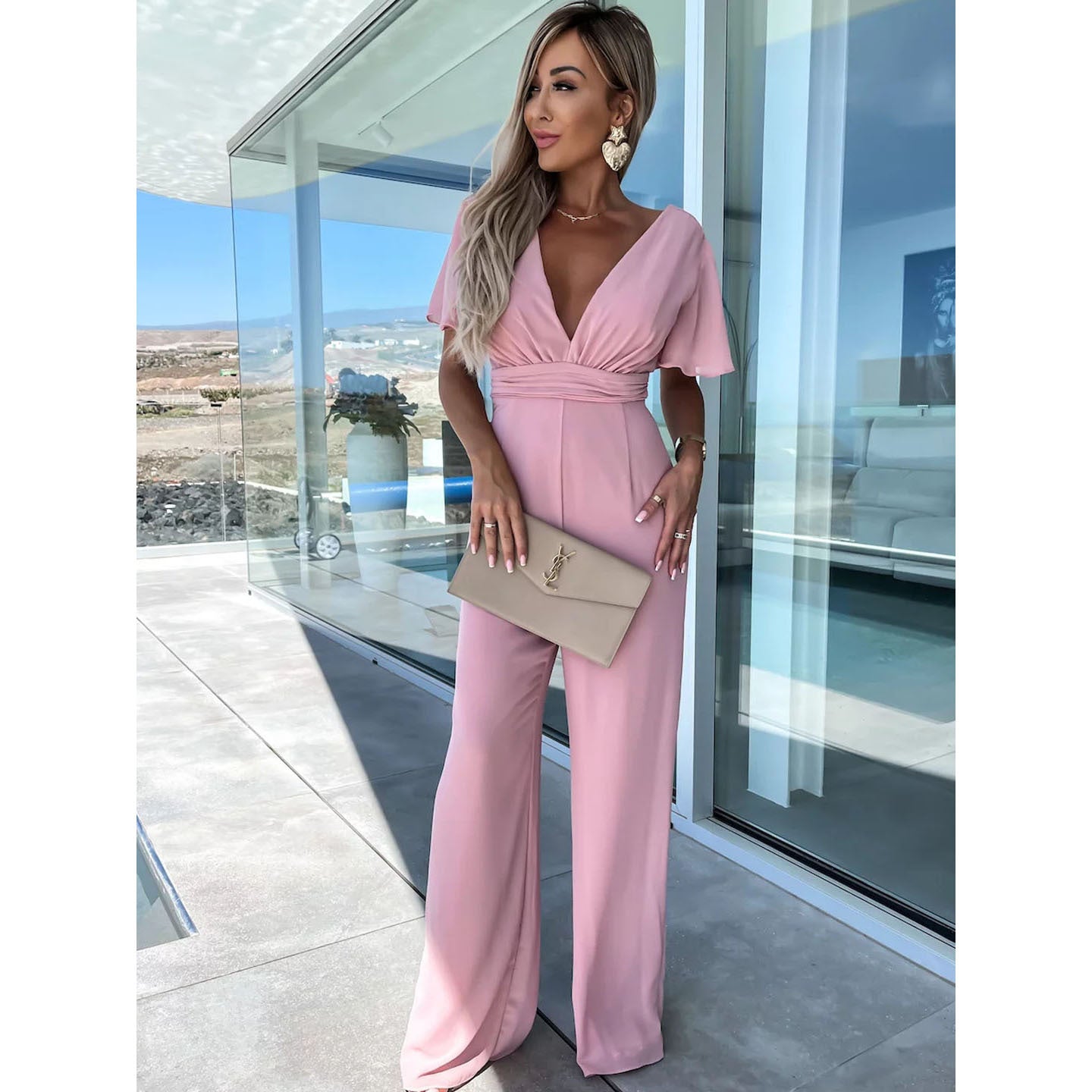 V neck Casual Short Sleeve Dress Loose Vacation Wide Leg Trouser S Pink