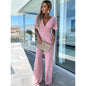 V neck Casual Short Sleeve Dress Loose Vacation Wide Leg Trouser S Pink