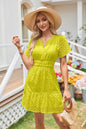 V Neck A Line Hollow Out Cutout Lace Pleated Short Sleeve Mini Dress S Yellow