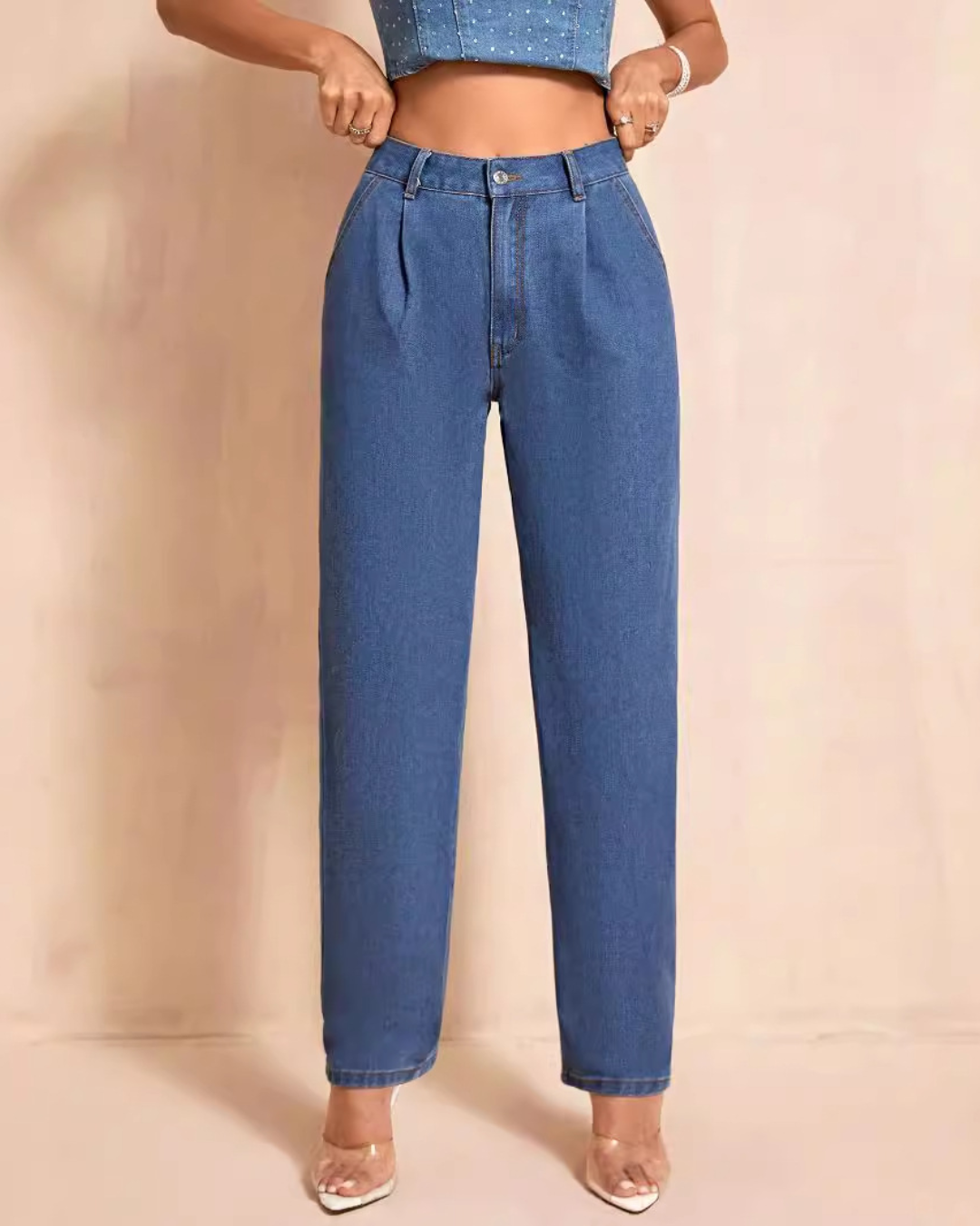 High Waist Straight Leg Denim Trousers   