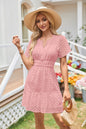 V Neck A Line Hollow Out Cutout Lace Pleated Short Sleeve Mini Dress S Pink