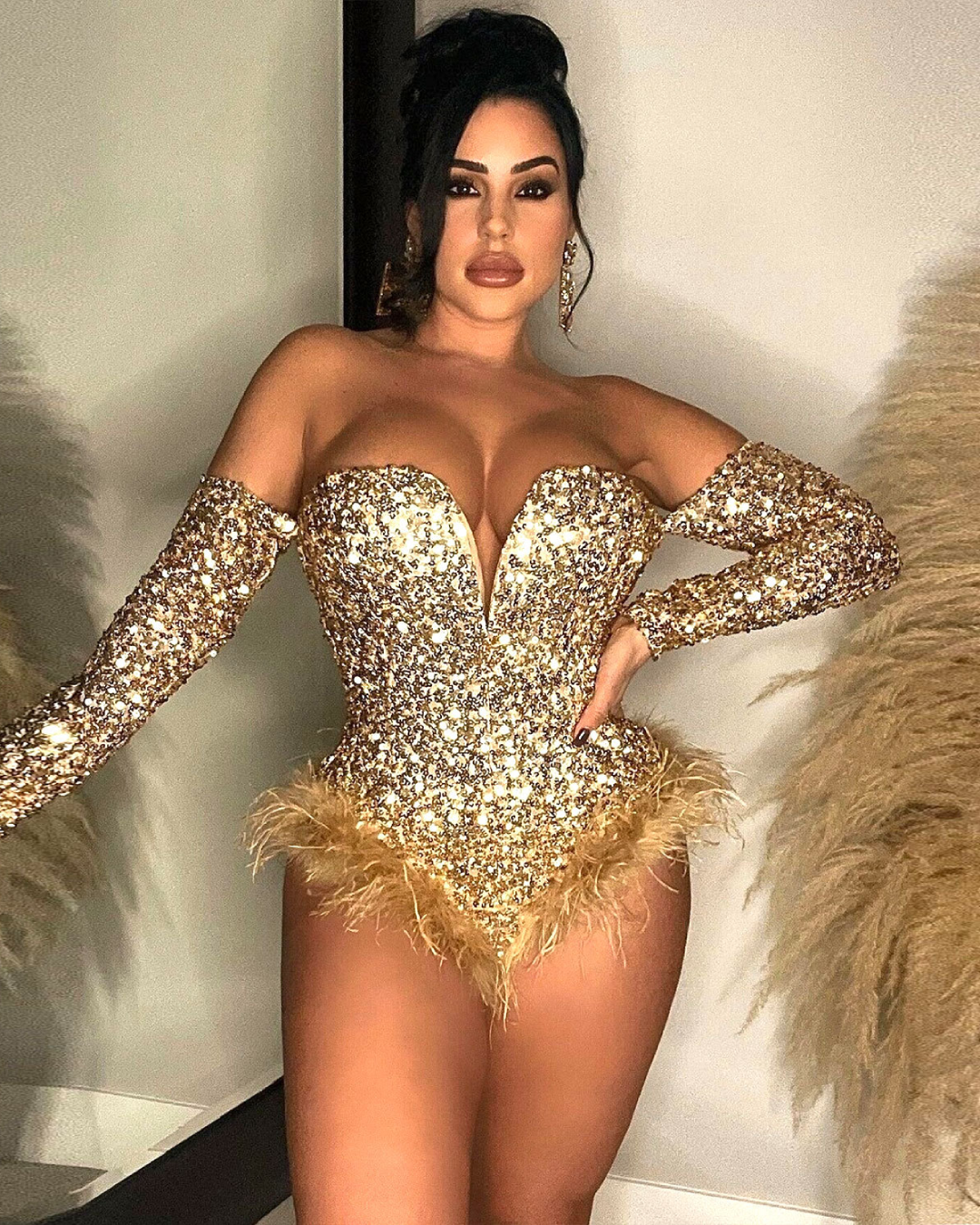 Feather Sequin Jumpsuit L Gold 