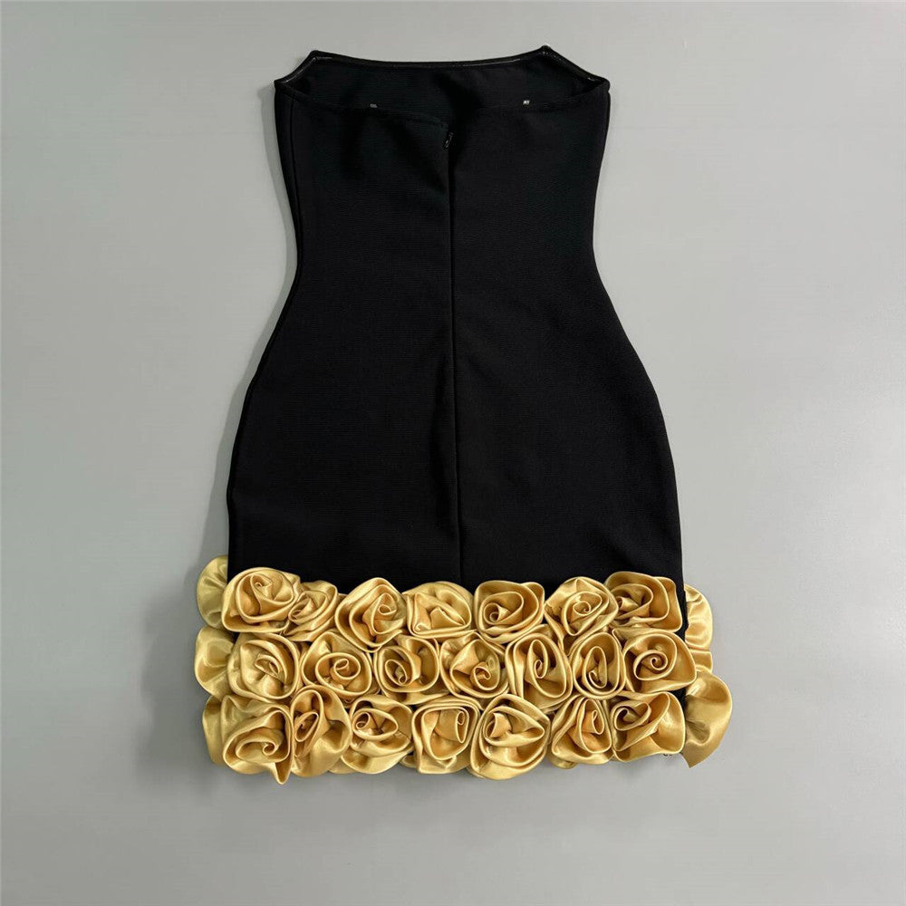 Three Dimensional Golden Floral Sexy Tube Top Bandage One Piece Dress