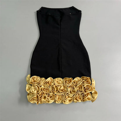 Three Dimensional Golden Floral Sexy Tube Top Bandage One Piece Dress