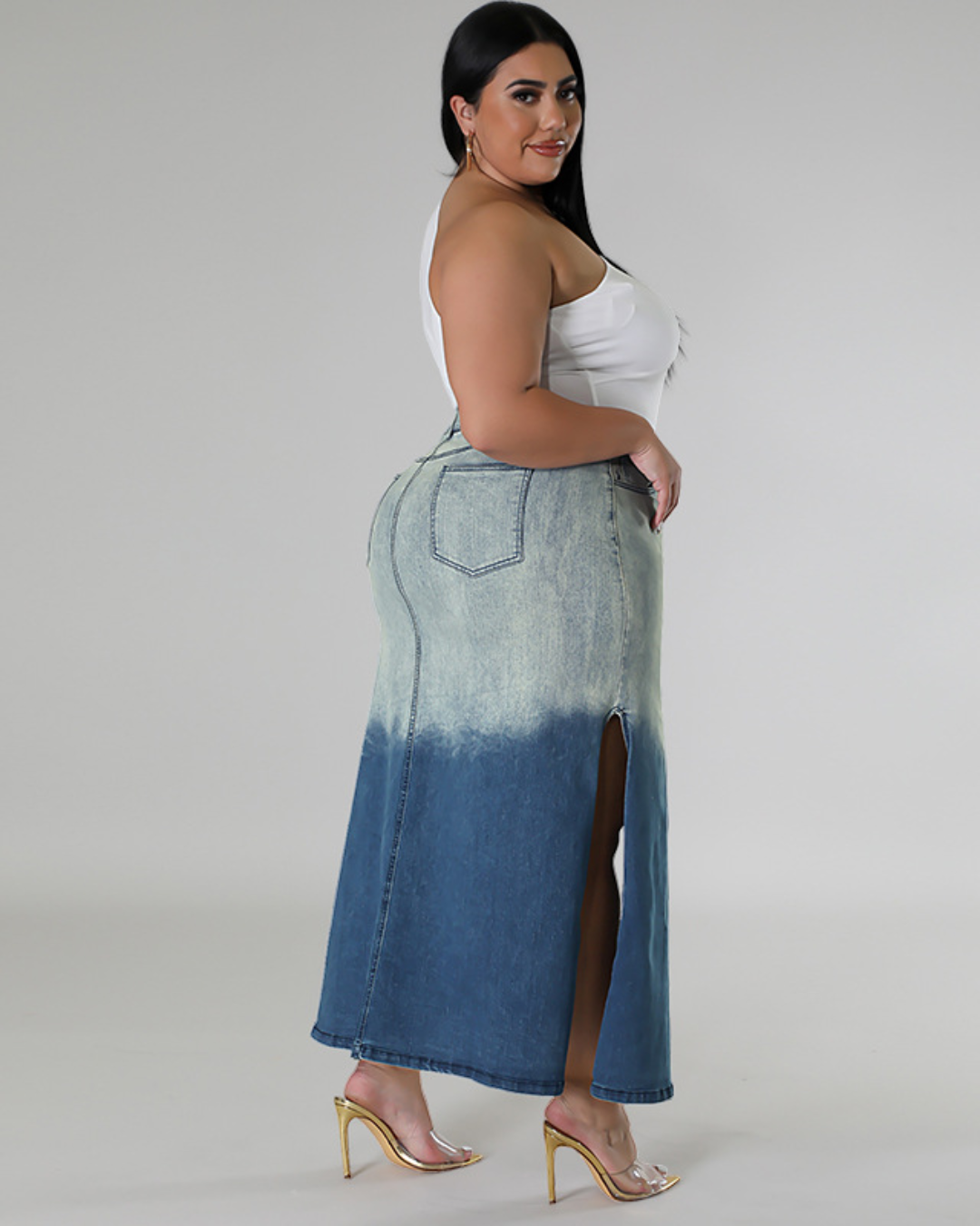 Plus Size Denim Woven Gradient Split Skirt   