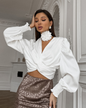 V-Neck Long Sleeve Short Top White S 