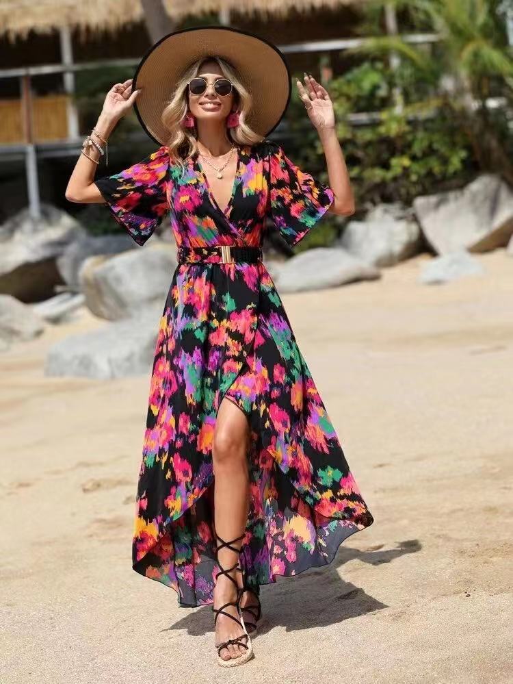 Chest Buckle High Waist Slim Pleated Printing Slip Dress Women S Black