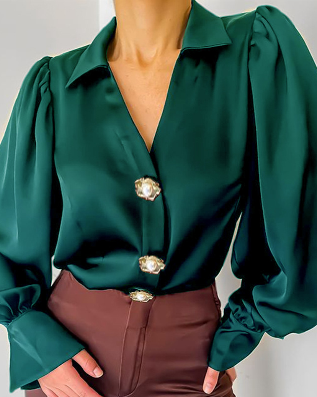 Lantern Sleeve Satin Shirt S Blackish Green 
