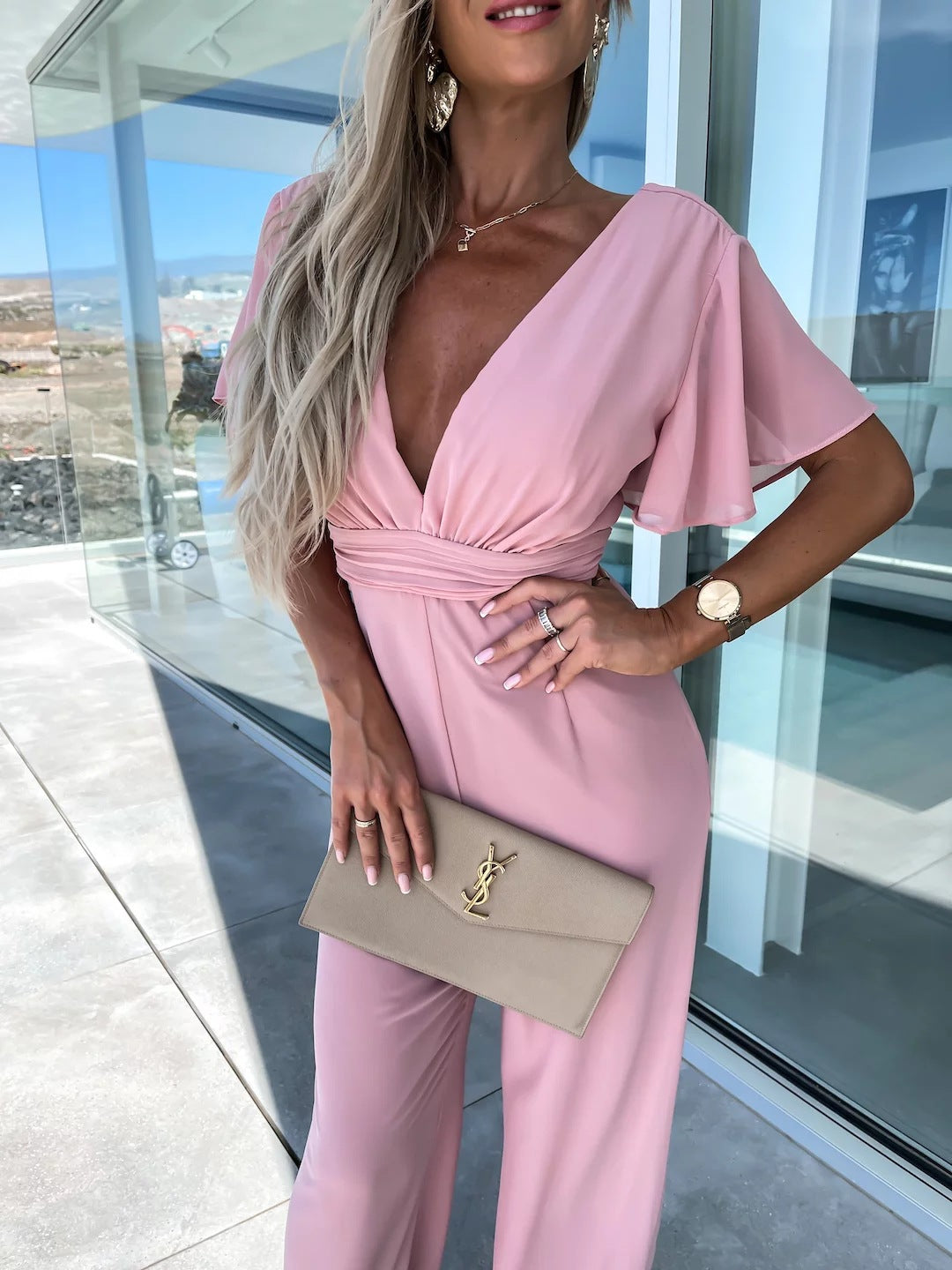 V neck Casual Short Sleeve Dress Loose Vacation Wide Leg Trouser