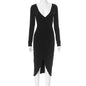 Deep V Plunge Long Sleeve Waist Tight High Slit Sexy Dress L Black