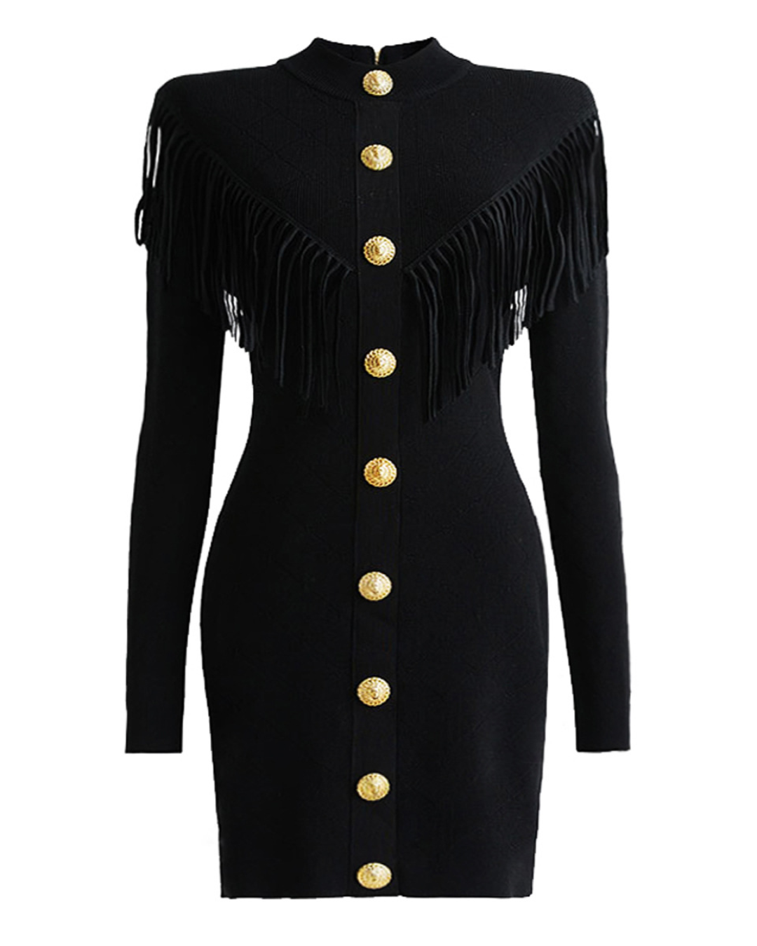 Knitted V-Neck Tassel Dress S Black 