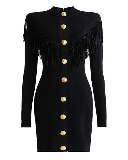 Knitted V-Neck Tassel Dress S Black 