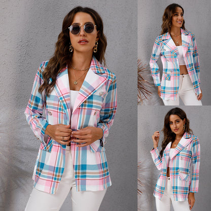 Color Plaid Printed Long Sleeve Blazer Coat