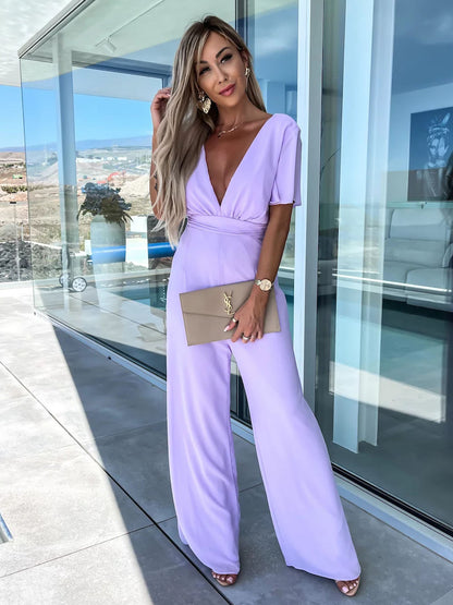 V neck Casual Short Sleeve Dress Loose Vacation Wide Leg Trouser