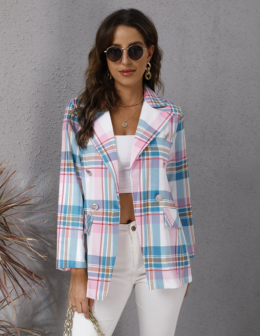 Color Plaid Printed Long Sleeve Blazer Coat