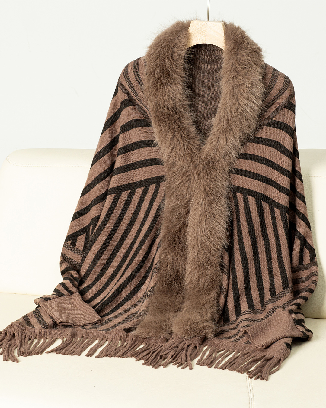 Striped Tassel Knitted Shawl Cape Brown F 