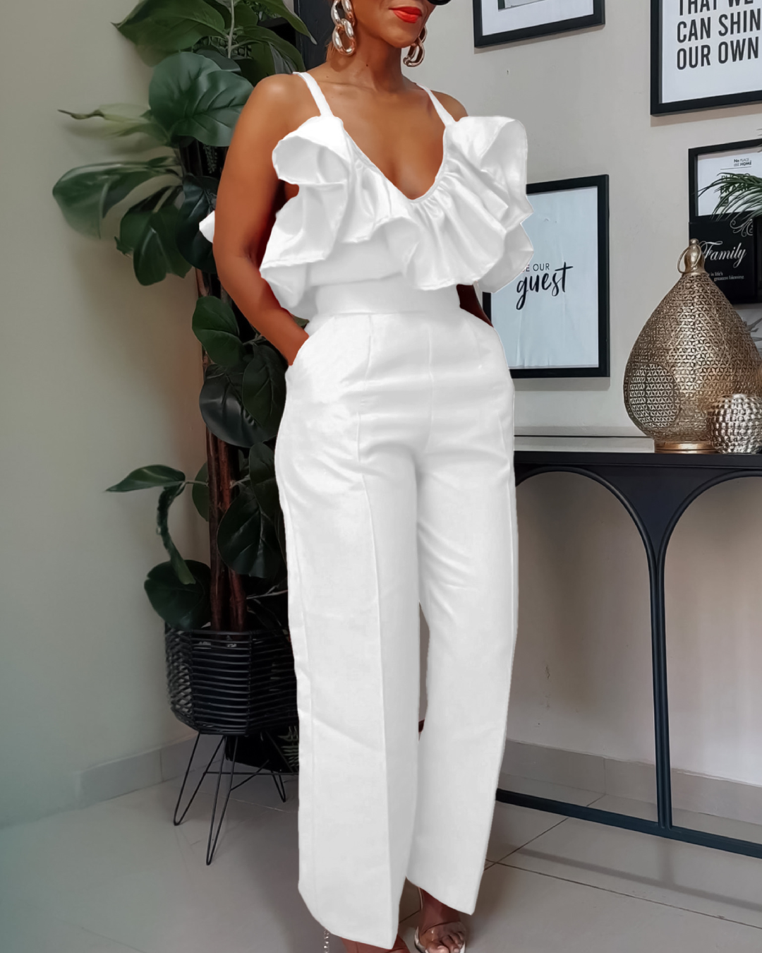 Flounce Sling High Waist Trousers S White 