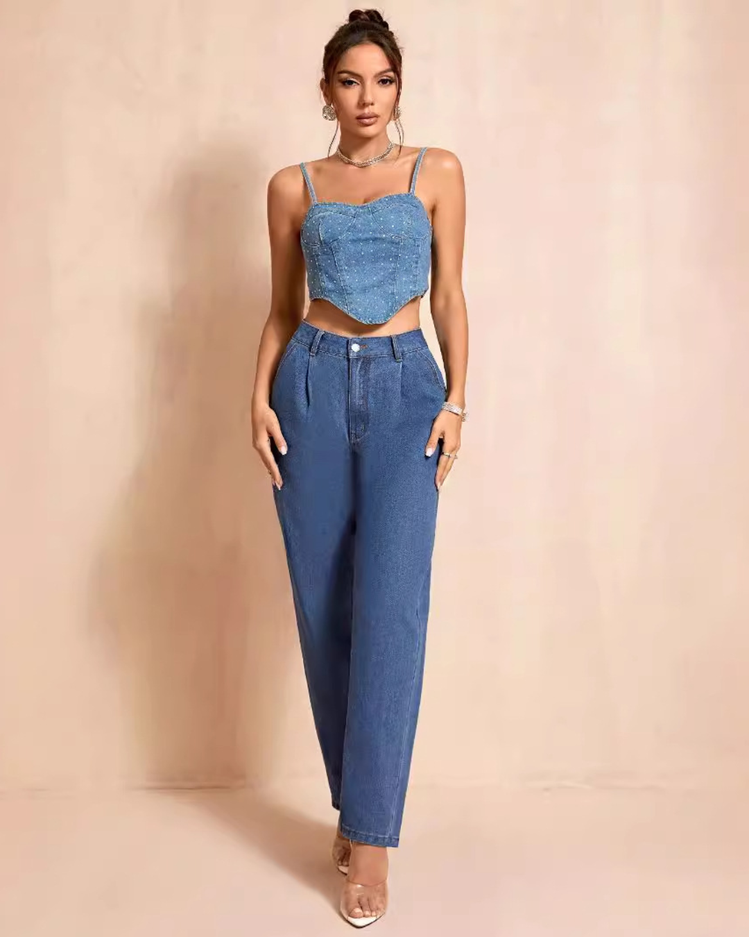 High Waist Straight Leg Denim Trousers Blue XS 