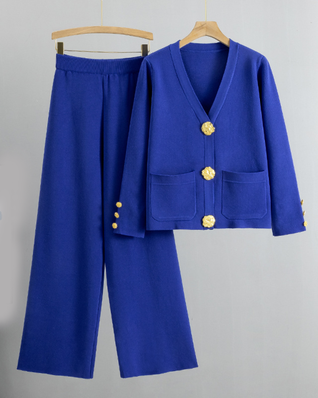 Knitted Cardigan Sweater and Wide Leg Pants Set Blue One Size 