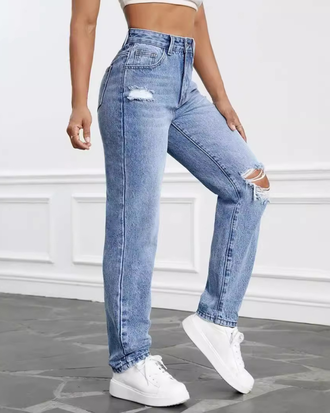 High Waist Straight Leg Jeans Pants   