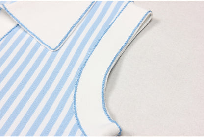 Sleeveless Knit Striped Collared pocket short Dress