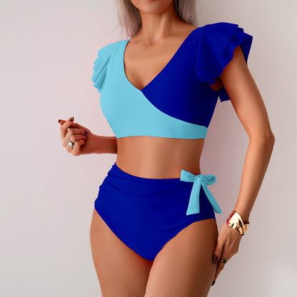 Bikini Split Swimsuit Women High Waist Swimming Trunks Bikini Swimsuit S Blue Stitching