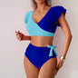 Bikini Split Swimsuit Women High Waist Swimming Trunks Bikini Swimsuit S Blue Stitching
